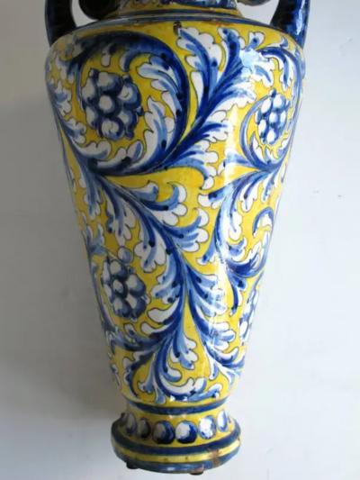 Italian Tin Glazed Earthenware Polychrome Majolica Double Handled Vase