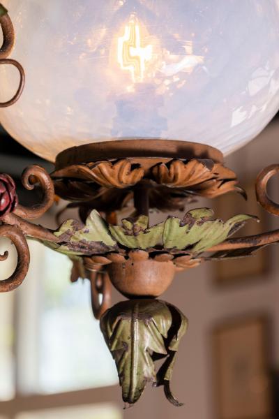 Italian Tole Lantern with Hand Painted Floral Garland and Opaline Glass Shade