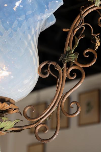 Italian Tole Lantern with Hand Painted Floral Garland and Opaline Glass Shade