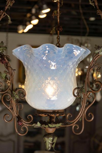Italian Tole Lantern with Hand Painted Floral Garland and Opaline Glass Shade
