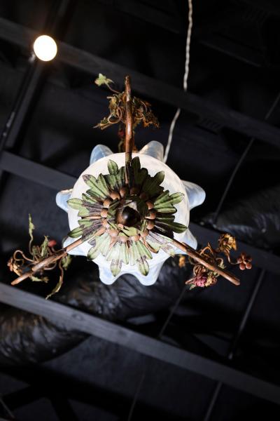 Italian Tole Lantern with Hand Painted Floral Garland and Opaline Glass Shade