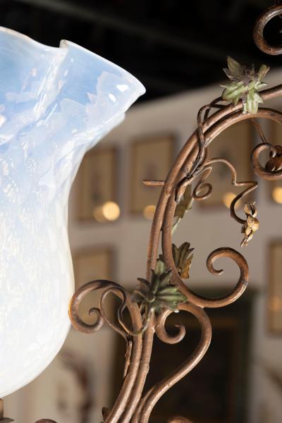 Italian Tole Lantern with Hand Painted Floral Garland and Opaline Glass Shade