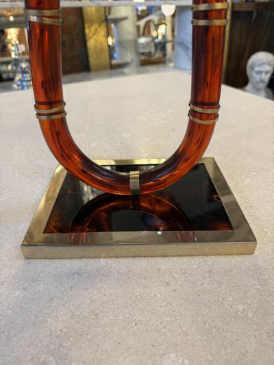 Italian Tortoiseshell Lucite and Brass Double Candlestick 1970s