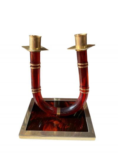 Italian Tortoiseshell Lucite and Brass Double Candlestick 1970s