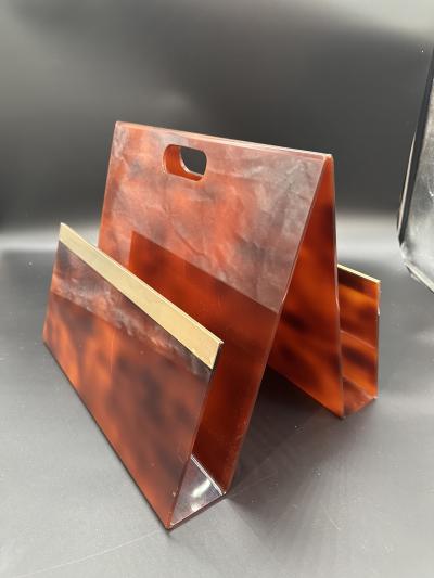 Italian Tortoiseshell Plexiglass Brass Magazine Rack 1980s