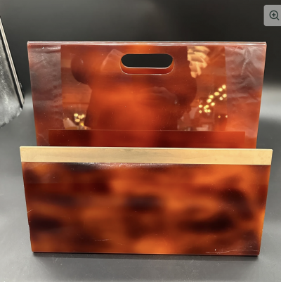 Italian Tortoiseshell Plexiglass Brass Magazine Rack 1980s