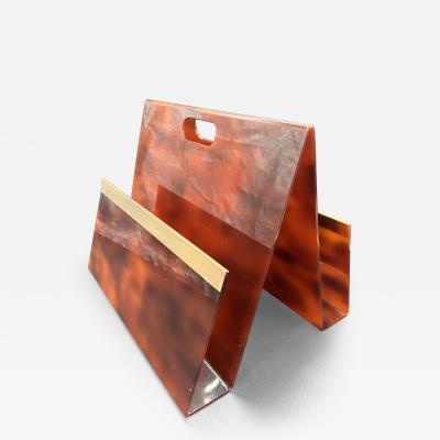 Italian Tortoiseshell Plexiglass Brass Magazine Rack 1980s