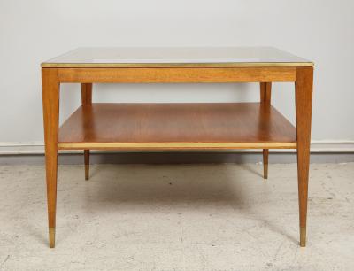 Italian Two Tiered Cocktail Table with Bronze Trim on Tapered Legs