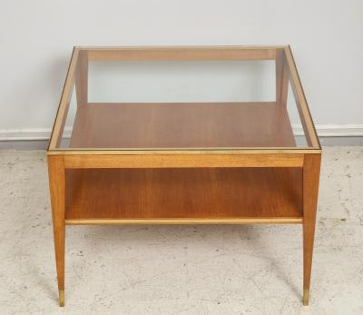 Italian Two Tiered Cocktail Table with Bronze Trim on Tapered Legs