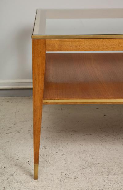 Italian Two Tiered Cocktail Table with Bronze Trim on Tapered Legs