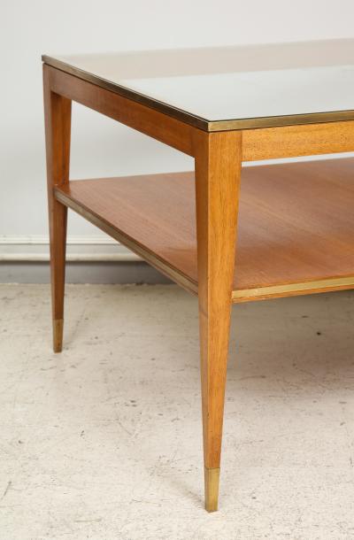 Italian Two Tiered Cocktail Table with Bronze Trim on Tapered Legs