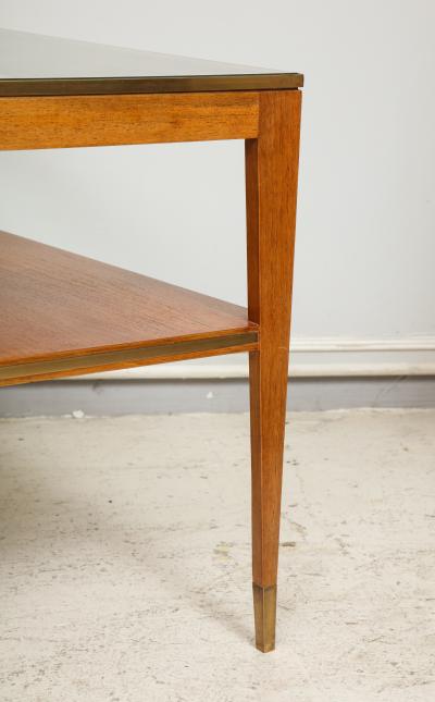 Italian Two Tiered Cocktail Table with Bronze Trim on Tapered Legs