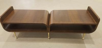 Italian Two tier Brown Wood Bench or Coffee Table with Brass Legs