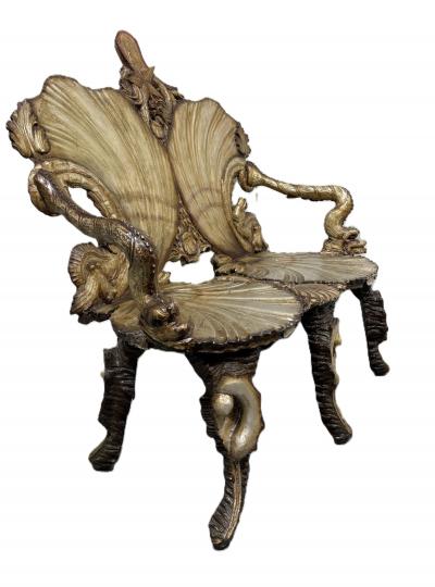 Italian Venetian Grotto 19th Cent silver gilt and polychromed trimmed loveseat
