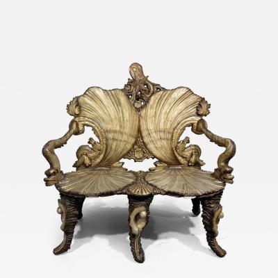 Italian Venetian Grotto 19th Cent silver gilt and polychromed trimmed loveseat