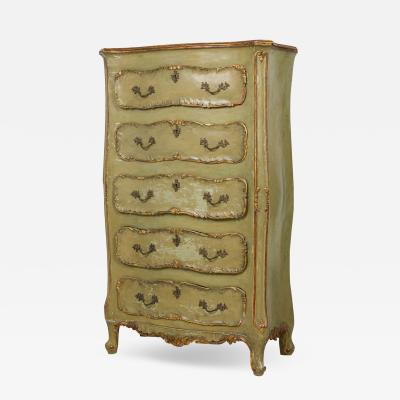 Italian Venetian Rococo Style Green Painted and Parcel Gilt 5 DrawerDresser