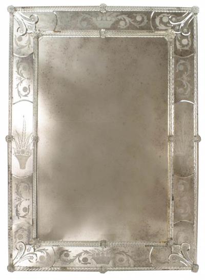 Italian Venetian Wall Mirror With Floral and Etched Basket Design