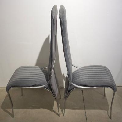 Italian Vintage Four Curved High Back Chrome Chairs in Blue Gray Stitch Fabric