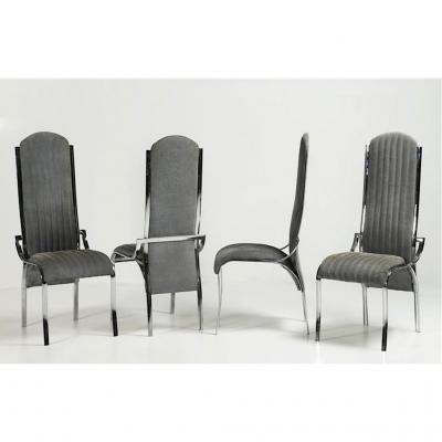 Italian Vintage Four Curved High Back Chrome Chairs in Blue Gray Stitch Fabric