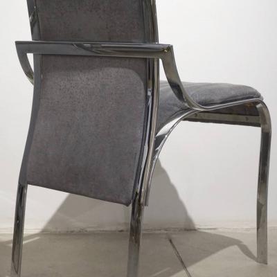 Italian Vintage Four Curved High Back Chrome Chairs in Blue Gray Stitch Fabric