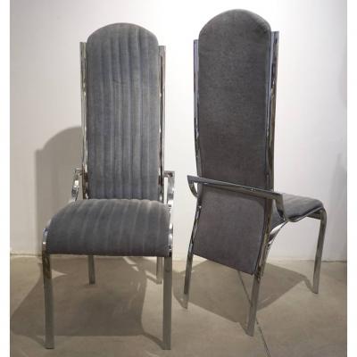 Italian Vintage Four Curved High Back Chrome Chairs in Blue Gray Stitch Fabric
