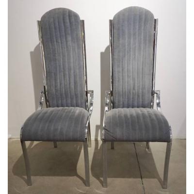 Italian Vintage Four Curved High Back Chrome Chairs in Blue Gray Stitch Fabric