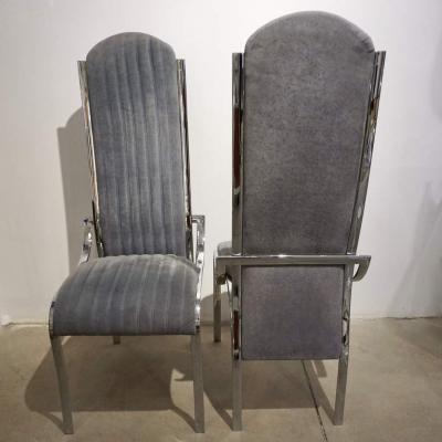 Italian Vintage Four Curved High Back Chrome Chairs in Blue Gray Stitch Fabric