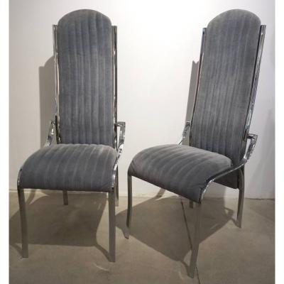Italian Vintage Four Curved High Back Chrome Chairs in Blue Gray Stitch Fabric