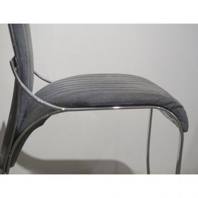 Italian Vintage Four Curved High Back Chrome Chairs in Blue Gray Stitch Fabric