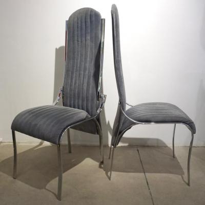Italian Vintage Four Curved High Back Chrome Chairs in Blue Gray Stitch Fabric