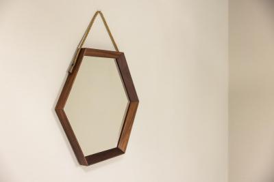 Italian Vintage Hexagonal Mirror in Teak Italy 1960s