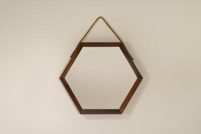 Italian Vintage Hexagonal Mirror in Teak Italy 1960s