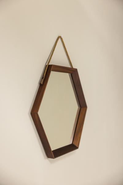 Italian Vintage Hexagonal Mirror in Teak Italy 1960s