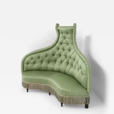 Italian Vintage Luxury Sofa in Wood and Green Silk Satin