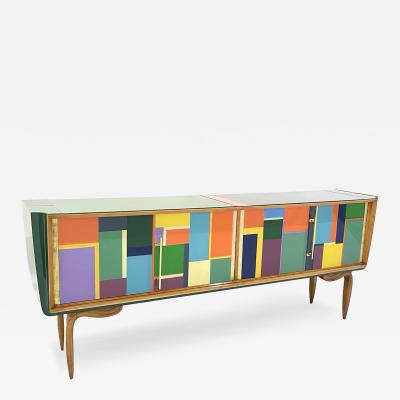 Italian Vintage Mondrian Style Green Orange Yellow Blue Glass 4 Door Sideboard