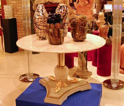 Italian Vintage Neoclassical Hollywood White Marble Center Table Brass Swan Base