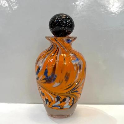 Italian Vintage Orange Black White Blue Murano Glass Oval Shape Perfume Bottle