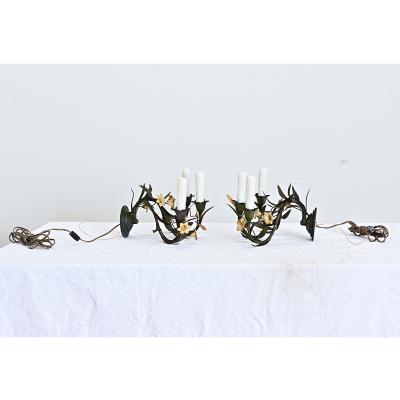 Italian Vintage Pair of Tole Floral Wall Sconces
