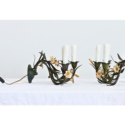 Italian Vintage Pair of Tole Floral Wall Sconces