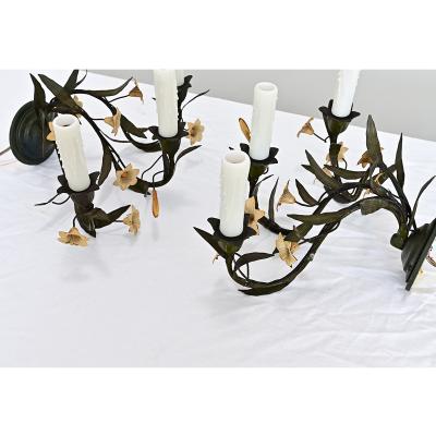 Italian Vintage Pair of Tole Floral Wall Sconces