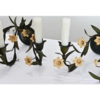 Italian Vintage Pair of Tole Floral Wall Sconces