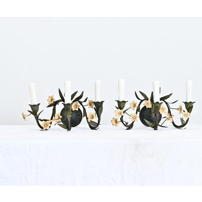Italian Vintage Pair of Tole Floral Wall Sconces
