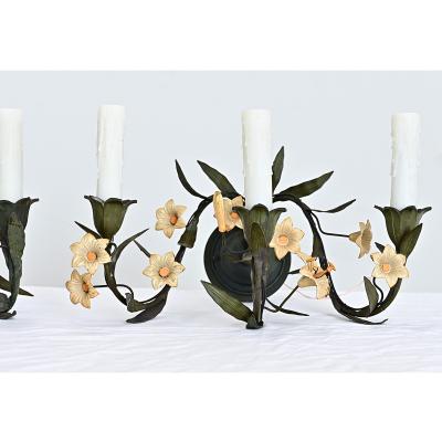 Italian Vintage Pair of Tole Floral Wall Sconces