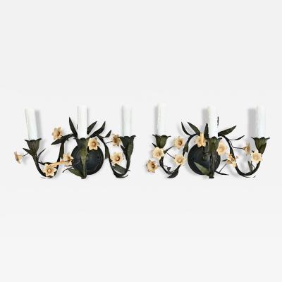 Italian Vintage Pair of Tole Floral Wall Sconces