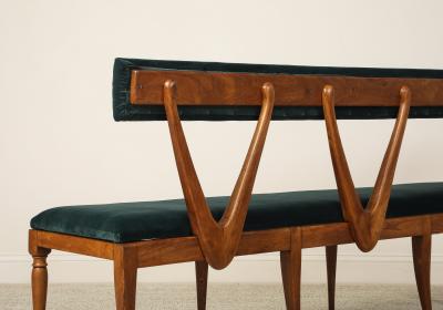 Italian Walnut Carved Settee Bench with Velvet Seat circa 1950