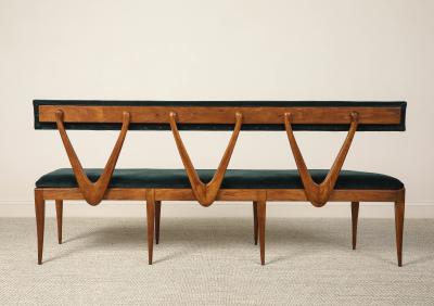 Italian Walnut Carved Settee Bench with Velvet Seat circa 1950