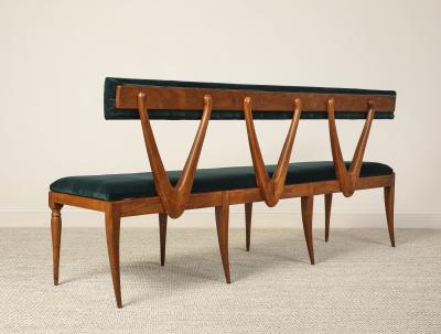 Italian Walnut Carved Settee Bench with Velvet Seat circa 1950