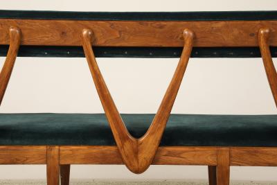 Italian Walnut Carved Settee Bench with Velvet Seat circa 1950