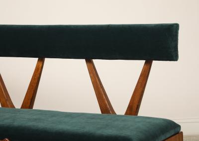 Italian Walnut Carved Settee Bench with Velvet Seat circa 1950