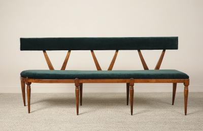 Italian Walnut Carved Settee Bench with Velvet Seat circa 1950